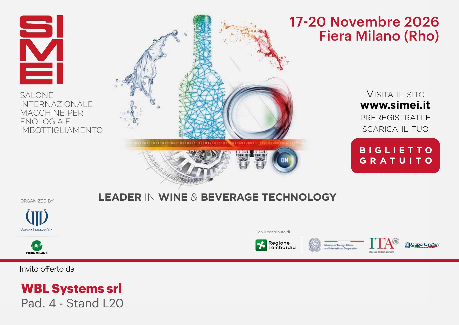 SIMEI, 17–20 novembre 2026, Fiera Milano Rho. Invito offerto da WBL Systems srl, Padiglione 4, Stand L20.